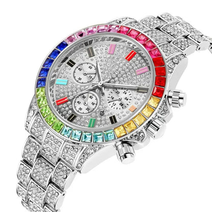 Men Watch Luxury Brand Mens Gold Men Watch Quartz Clock Chronograph Colorful Diamond Steel Iced Out Watch Reloj Hombre