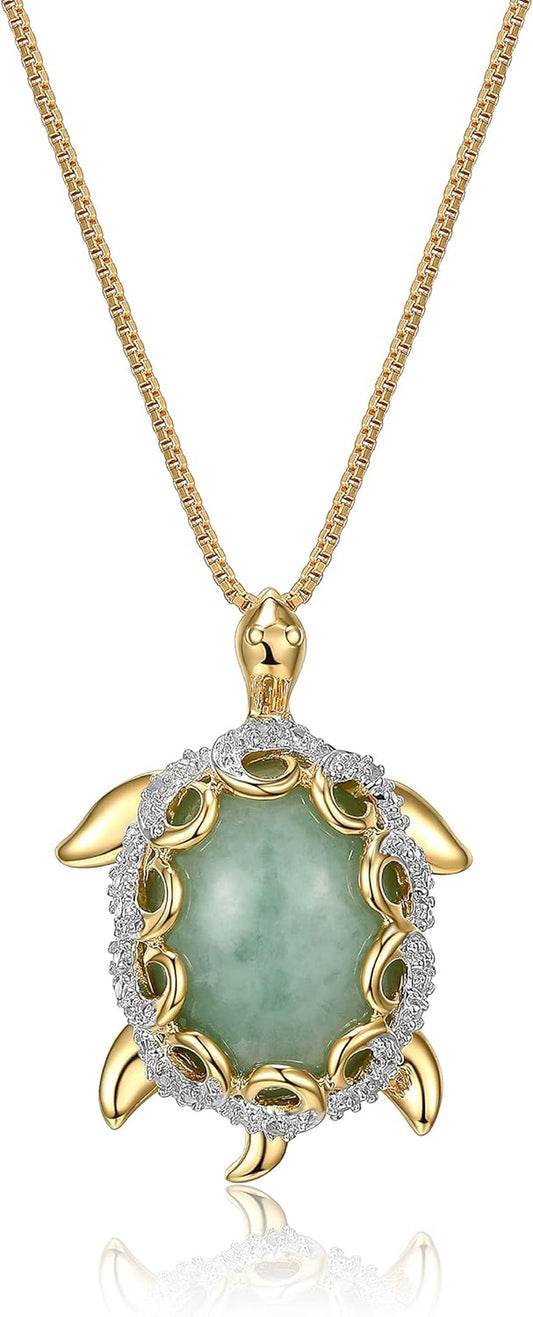 .925 Sterling Silver 18K Gold Plated Genuine Jade Necklaces for Women - Elephant and White Sapphire or Turtle with 1/10 Cttw Diamond Pendant, Gold Necklace for Women Jewelry 18 Inch