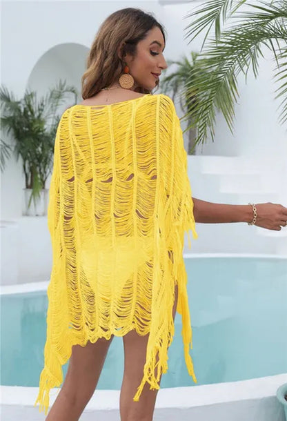 Fashion Women Summer Beach Bikini Cover up Hollow Out Knitted Tassel Sweater Dresses Swimwear Irregular Covers（7 Colors）