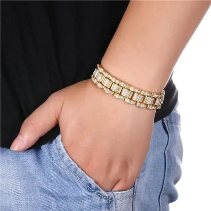 Fashion Men 24K Gold / 925 Silver Plated Solid Stainless Steel Bracelet Iced Diamond Link Chain Bracelet 8.26 Inch Gifts for Men