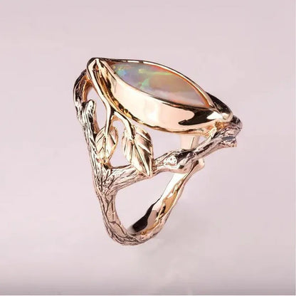 Vintage Style Women's Antique Silver Twig And Leaf Opal Ring Anniversary Gift Engagement Bridal Wedding Jewelry Rings Size 5-10