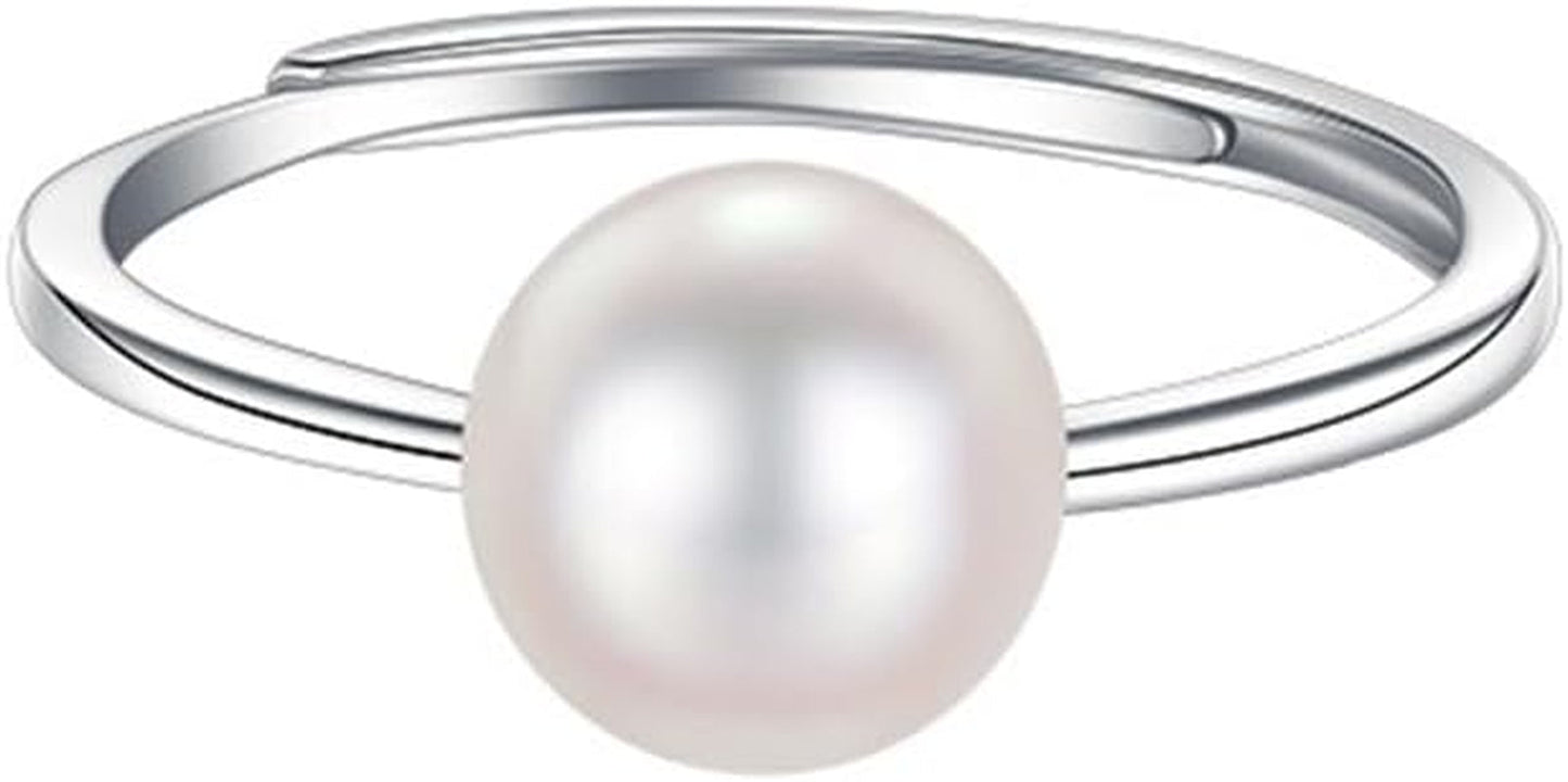 Shell Pearl 925 Sterling Silver Ring for Women Girls Adjustable Expandable round Ball Wedding Statement Finger Rings Comfort Fit Simple Elegant Engagement Promise Birthday Jewelry Gift