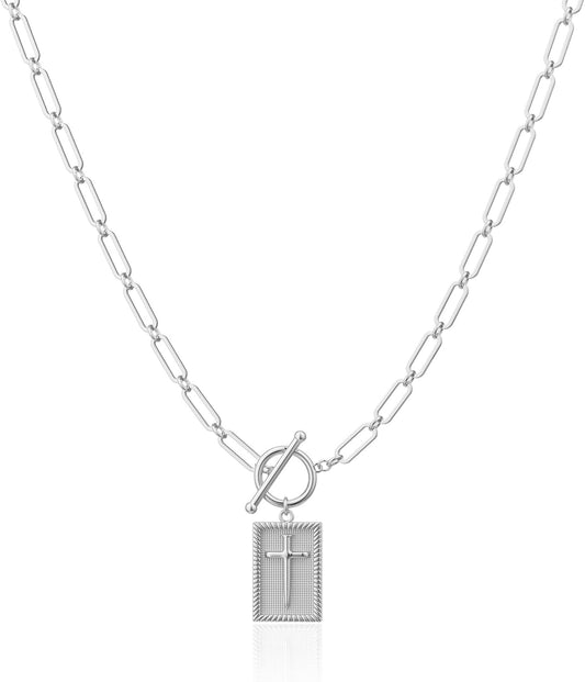 14K Gold Plated/Silver Plated Cross Necklace for Women Trendy Chunky Cross Pendant Necklace Toggle Clasp Paperclip Box Chain Charm Necklaces for Women Jewelry Gift Christian Religious Baptism