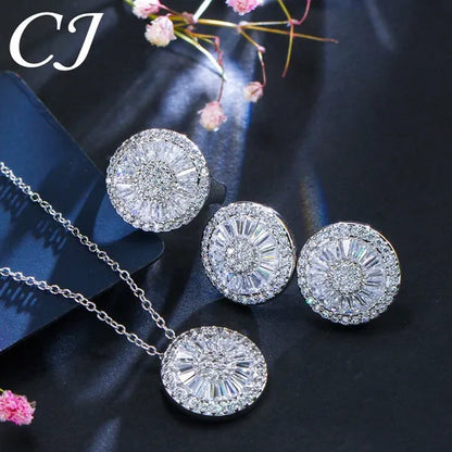 CANDICE Sparkling CZ Stone White Gold Plated 4pcs Wedding Jewelry Sets Round Pendant Necklace Earrings Bracelet Ring Prom Set For Brides