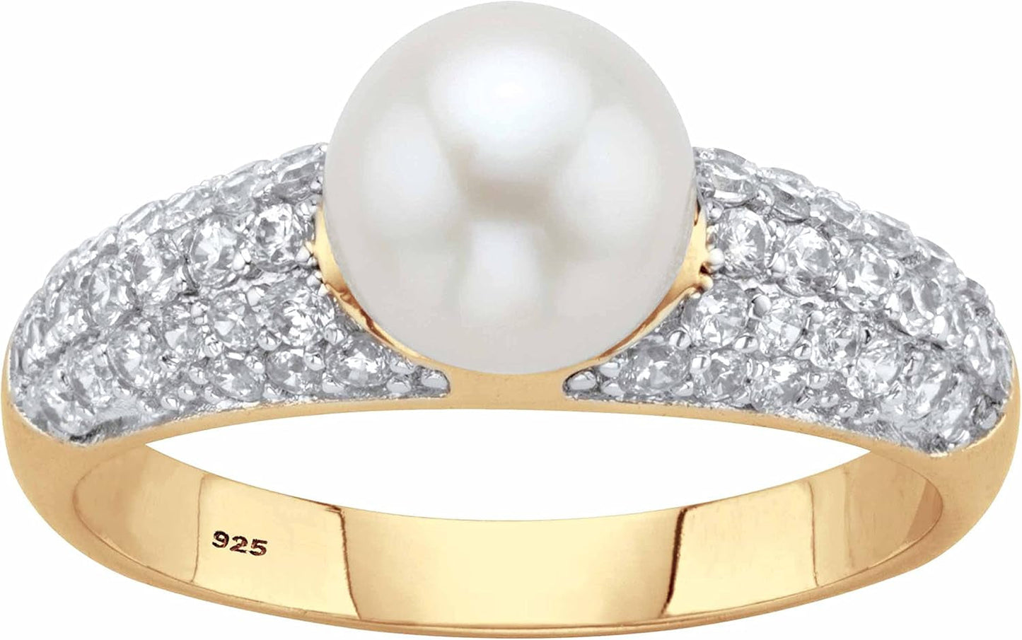 14K Yellow Gold over Sterling Silver Genuine round Cultured Freshwater Pearl and Cubic Zirconia Ring (5/8 Cttw)