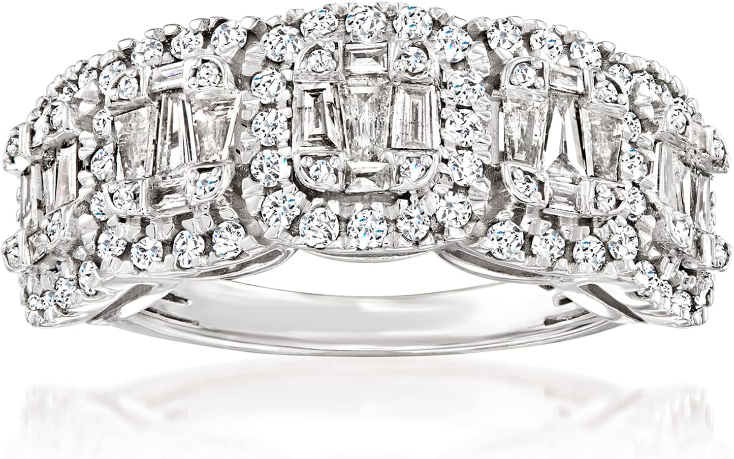 1.00 Ct. T.W. round and Baguette Diamond Ring in Sterling Silver. Size 8