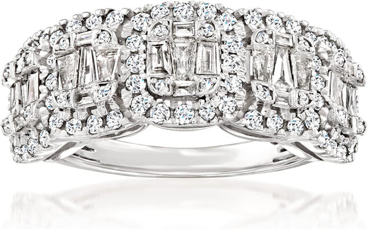 1.00 Ct. T.W. round and Baguette Diamond Ring in Sterling Silver. Size 8