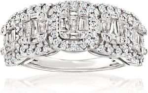 1.00 Ct. T.W. round and Baguette Diamond Ring in Sterling Silver