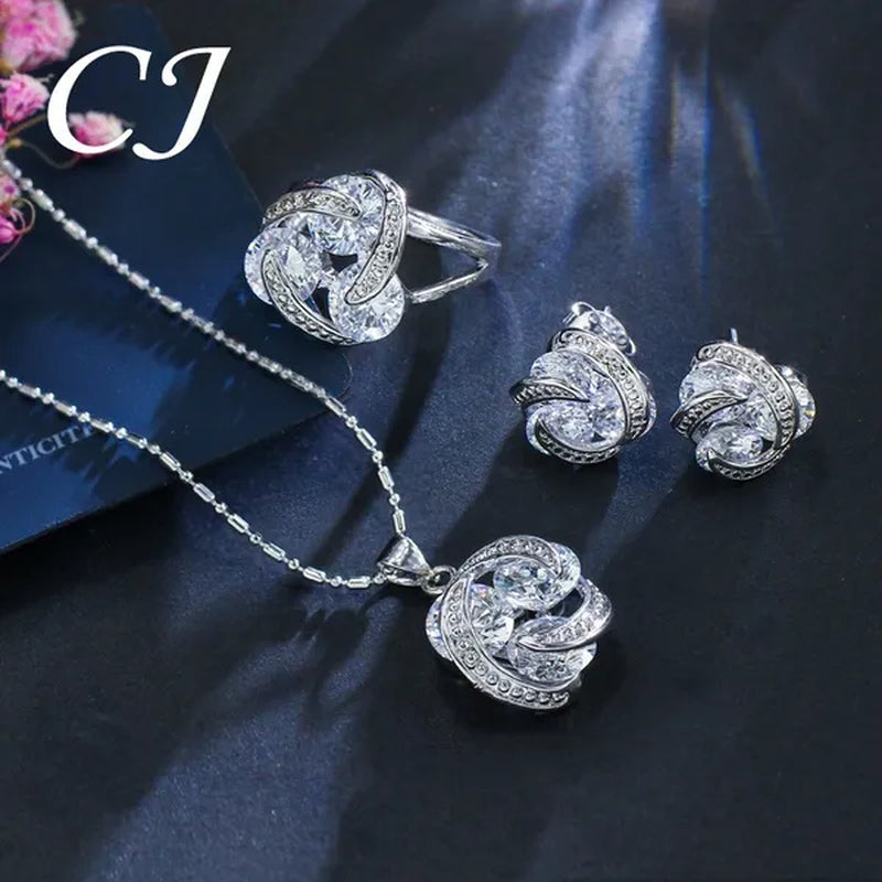 CANDICE Korean Fashion Sterling Silver Plated Women Elegant Pendant Necklace Earrings and Ring Sets Inlay Pure AAA Cubic Zirconia Knot Jewelry Set for Lady（US 6-9)