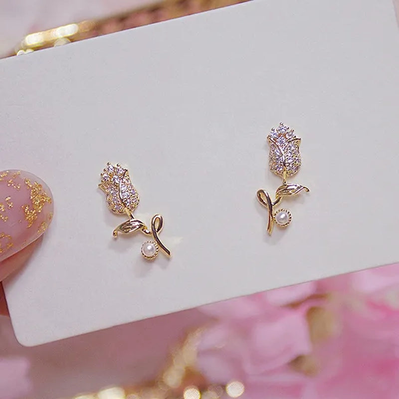 18K Gold Rose Flower Women'S Diamond Earrings Shiny Zircon Bohemian Stud Earrings Engagement Wedding Jewelry