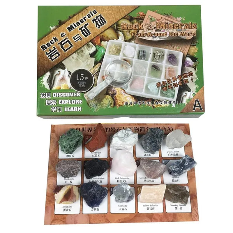 15 Types Rock Minerals Gift Box Smokey Quartz Kyanite Apatite Sodalite Selentite