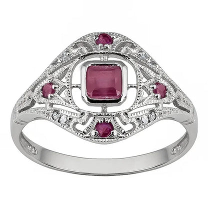 10k White Gold Vintage Style Genuine Ruby and Diamond Ring