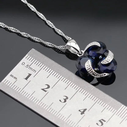 Delightful 925 Sliver Jewelry Sets Blue Zircon Necklace Pendant Earring Ring Bracelet for Women Dating Gift