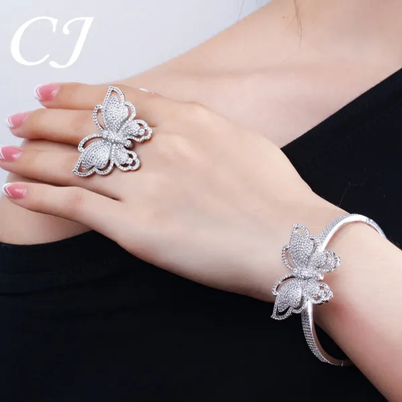 CANDICE High Quality Rose White Gold Plated Full Pave Tiny Crystal Stone Big Butterfly Shape Ring and Bangle Bracelet Party Jewelry Set for Women Christmas Gift