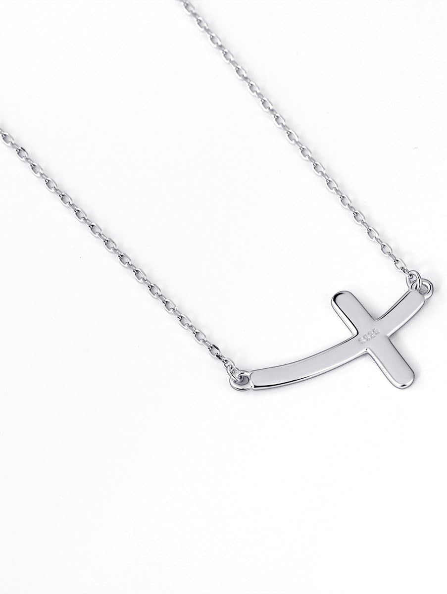 925 Sterling Silver Concise Sideways Cross Pendant Necklace Choker for Women Christian Jewelry