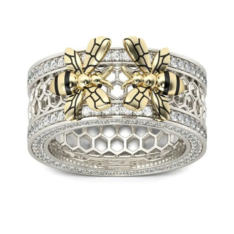 Unique Two Bee Honeycomb Sterling Silver Women's Band Natural White Sapphire Diamond Ring Women's Anniversary Christmas Gift Size 5-11