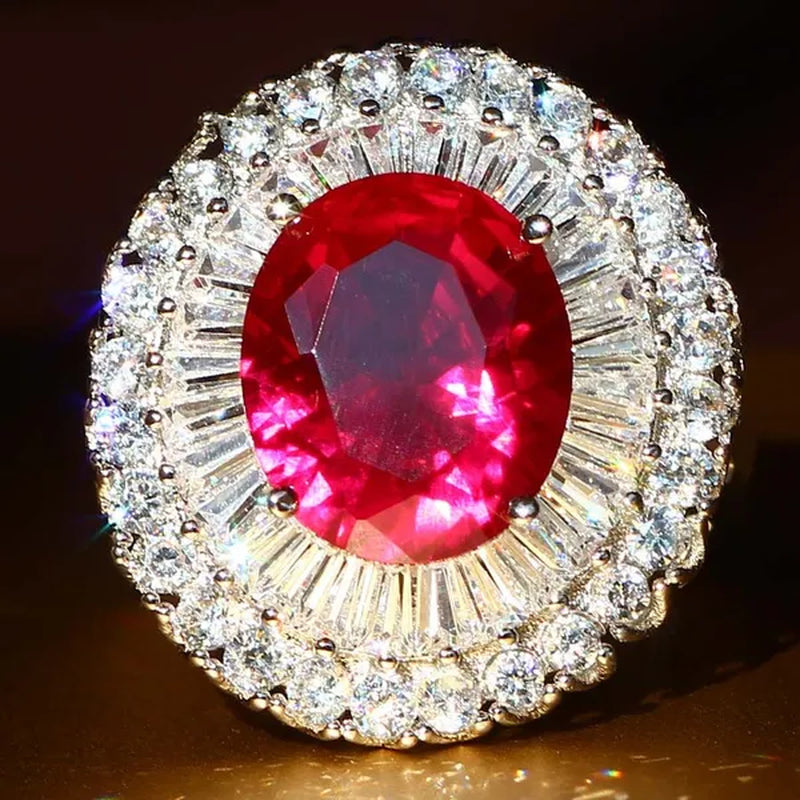 Huge Silver Ruby & White Sapphire Birthstone Gemstones Engagement Wedding Anniversary Flower Ring