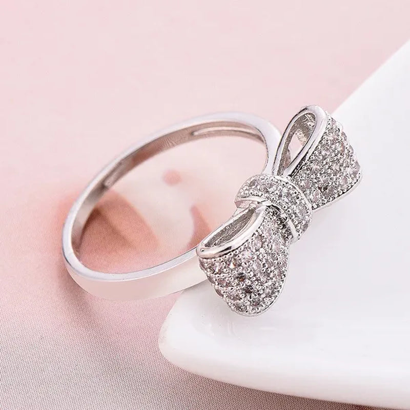 Delysia King Women's Fashion Bow Natural Gemstone White Sapphire Birthstone Bride Princess Engagement Ring Size 5 6 7 8 9 10 11