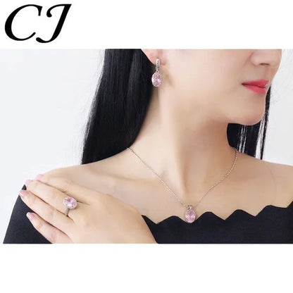 CANDICE Elegant Engagement Accessories Big Oval Cut CZ Stone Silver Necklace Earrings Ring for Bridal Wedding Bling Jewelry Set (US 6-9)
