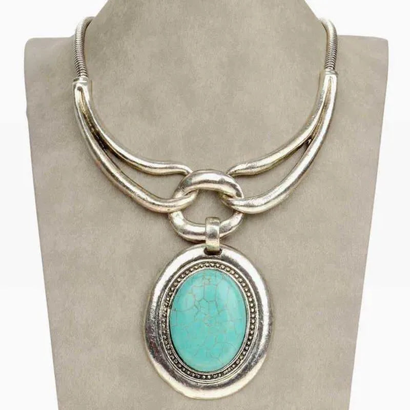 Luxury Necklace Ancient Silver Plated Natural Turquoise Stone Tribal Lady's Oversize Necklace