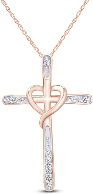 White Natural Diamond Cross Heart Pendant in 10K Solid Gold (1/20 Cttw)