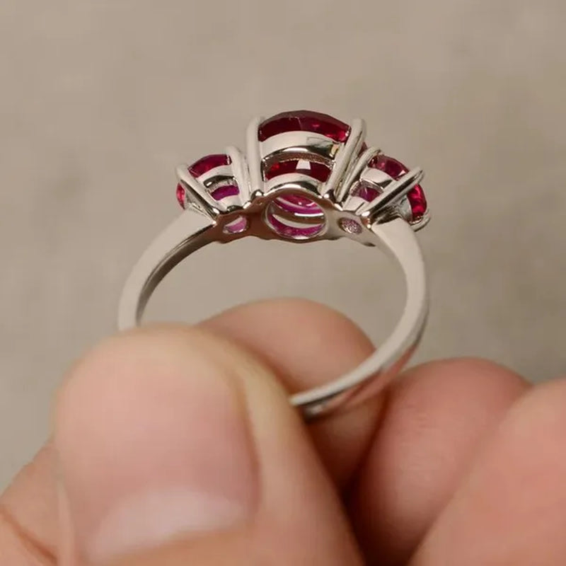 Ruby Ring Three Stone Zircon Ring Bride Engagement Wedding  Anniversary Silver Plated Ring