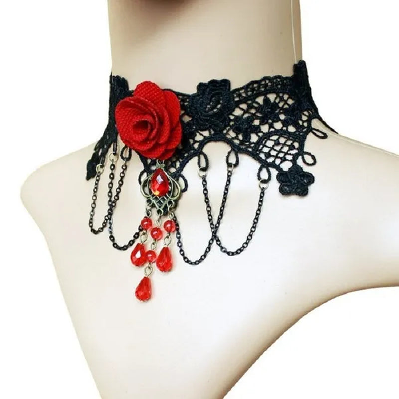 Black Lace Necklace Chokers Vintage Style Female Gothic Wedding Red Rose Crystal Diamond Pendant Collarbone Necklaces Chain Accessories for Women Girls