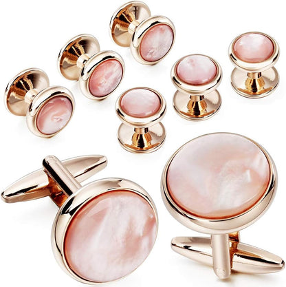 Cufflinks and Tuxedo Studs Set for Men with Gift Box, Rose Gold Tone Mother-Of-Pearl Cuff Links for French Cuff Shirt and Dress Shirt, Suitable for Wedding, Birthday, Party, Anniversary