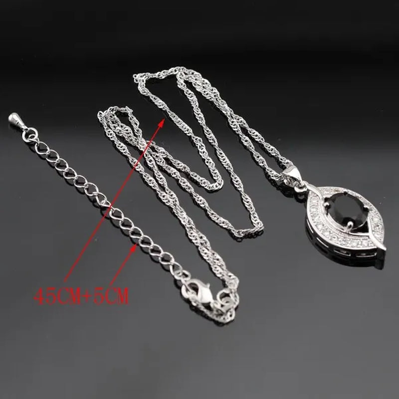925 Sliver Jewelry Sets Black Zircon White Topaz Necklace Pendant Hoop Earring Ring Bracelet For Women  Dating Gift
