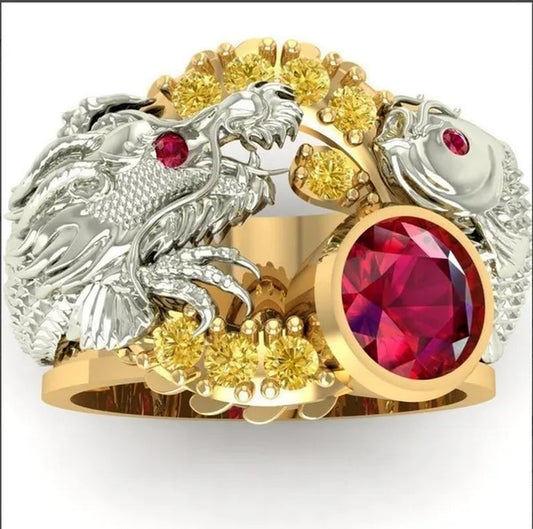 New Classic Fashion Men'S 14K Gold Ring Two-Tone Wrap Dragon 925 Sterling Silver Party Ruby Men'S Engagement Wedding Ring Jewelry Hip Hop Style Bracelet Size 5-14