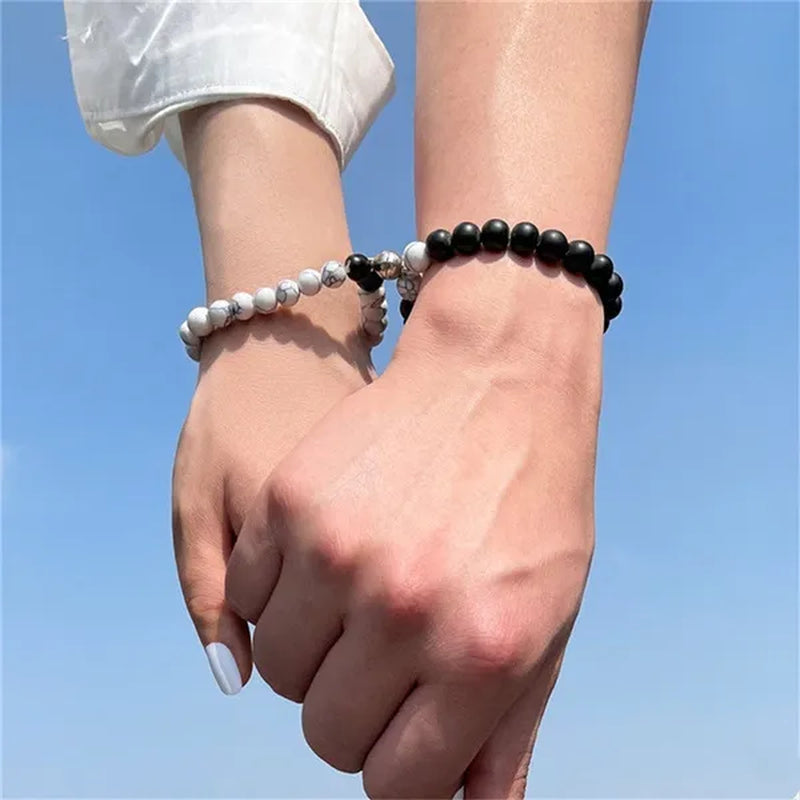 Black Frosted White Turquoise Couple Bracelet Magnet Attraction Beaded Bracelet Set A Pair of Bracelets Fashion Beaded Men's and Women's Bracelets