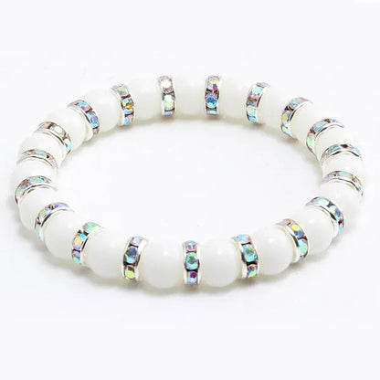 Natural Stone Pink Crystal Quartz &White Porcelain Rhinestones Bracelets & Bangles Charm Powder Beads Strand Bracelet Love Gifts for Women Men Casual Jewelry