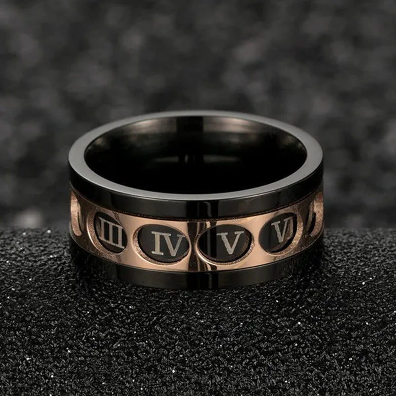 Roman Numerals Rotatable Black Rose Gold Titanium Steel Rotatable Spinner Ring for Men Jewelry Luck Finger Rings Wedding Band