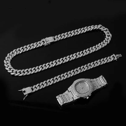 Fashion Gold / Silver Plated Solid Stainless Steel Iced Out Diamond Bracelet Thick Miami Cuban Link Chain Necklace Hip Hop Jewelry