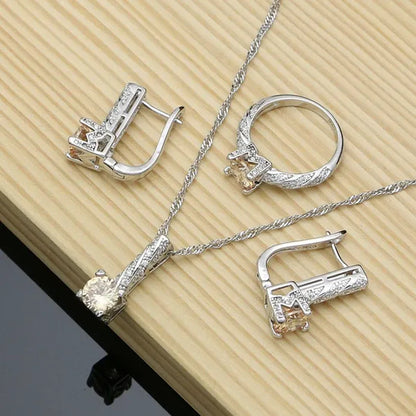 Korea Style 925 Sterling Silver Jewelry Sets Champagne Topaz Wedding Women Earrings/Pendant/Necklace/Ring/Bracelets