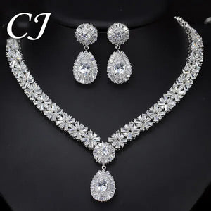 CANDICE Twinkling CZ Stone Setting Luxury Water Drop Pendant Necklace and Earrings Elegant White Gold Plating Jewelry Wedding Set Bridal Accessories for Bride