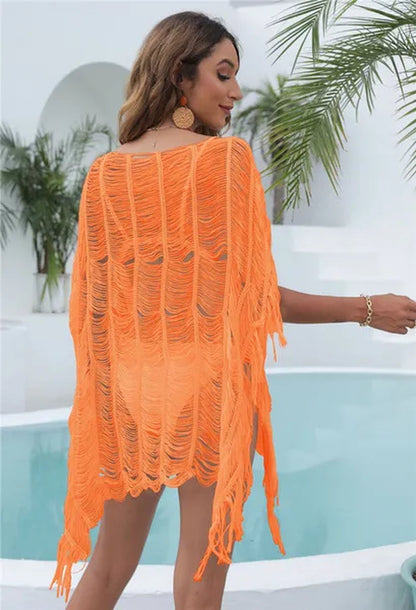 Fashion Women Summer Beach Bikini Cover up Hollow Out Knitted Tassel Sweater Dresses Swimwear Irregular Covers（7 Colors）