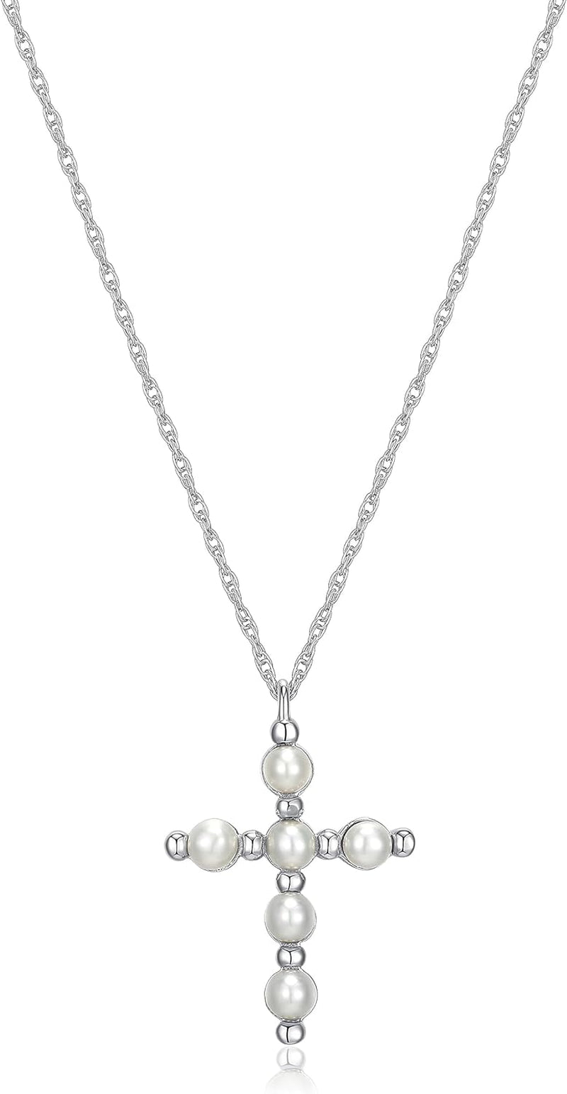 .925 Sterling Silver Gemstone or Cultured Pearl Classic Cross Pendant Necklace on 18" Chain - Choice of Birthstone Colors