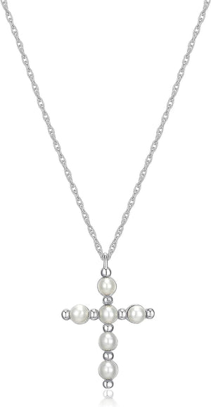 .925 Sterling Silver Gemstone or Cultured Pearl Classic Cross Pendant Necklace on 18" Chain - Choice of Birthstone Colors