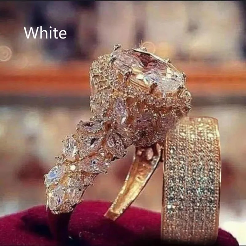 2pcs/Set Luxury Exquisite Rings Fashion Jewelry Women's Gold Plated Ring Green Cubic Zirconia Ring Set Wedding Bridal Engagement Ring Set Anniversary Party Christmas Gift Ring Set Jewelry Size US 5-11