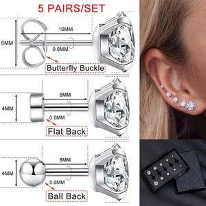 5 Pairs/Set Stainless Steel Mens Womens Stud Earrings Set round Cubic Zirconia Flat Back Earrings Piercing Ear Cartilage Hypoallergenic Men'S Earrings 3-7Mm