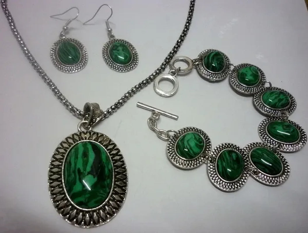 Natural Malachite Stone Carved Tribal Lady's Vintage Silver Jewelry Oval Earrings Necklace Bracelet Sets