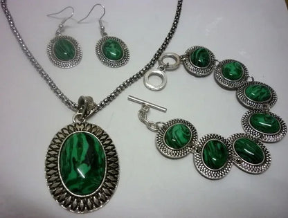 Natural Malachite Stone Carved Tribal Lady's Vintage Silver Jewelry Oval Earrings Necklace Bracelet Sets