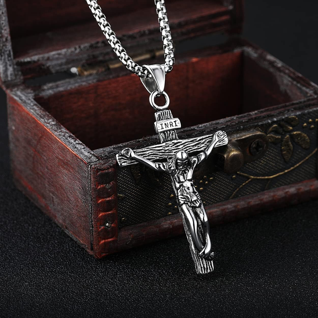 Jesus Christ on INRI Crucifix Cross Pendant Necklace for Teens Womens Mens with 24 Inch Stainless Steel Chain