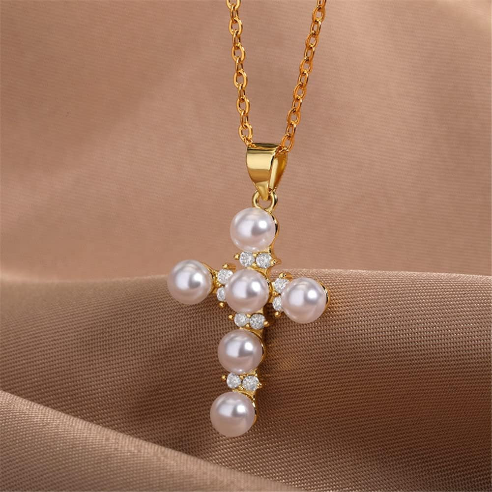 Pearl Cross Necklace Religion Faith Protection Jewelry for Women Inspirational Baptism Gifts 18K Gold Plated Chain