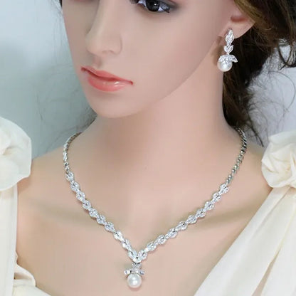 CANDICE Elegant Bridal Accessories AAA Cubic Zirconia with round White Pearl Pendant Necklace Earrings Wedding Jewelry Sets for Women