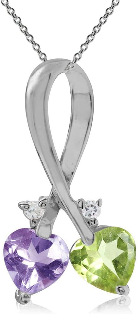 5MM Heart Shape Gemstone 925 Sterling Silver Twin Heart Ribbon Pendant with 18 Inch Chain Necklace Family Birthstone Jewelry for Women