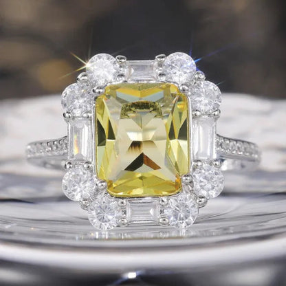 Princess Square Cut Citrine Vice Stone Lab Diamond Silver Plated Women Ring Bridal Romantic Wedding Fine Jewelry