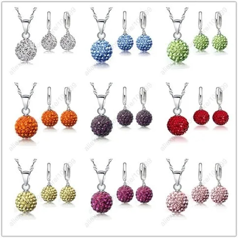 Hot New Jewelry Sets 925 Sterling Silver Austrian Crystal Pave Disco Ball Lever Back Earring Pendant Necklace Woman Wedding
