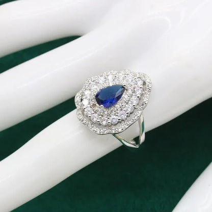 Exquisite Necklace 925 Silver Jewelry Sets for Women Wedding Royal Blue Topaz Earring Ring Pendant Holiday Christmas Gift